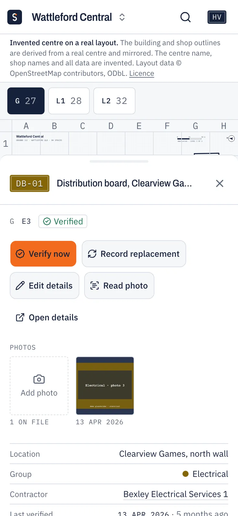 Distribution board DB-01 in Sitelore: photo, location, contractor and what it feeds